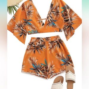 Orange - Multicolor vacation outfit two piece crop top with tie